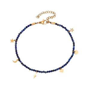 Tobillera Acero Dorado y Mineral Lapislazuli