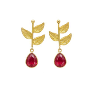 Pendientes Bronce Ramita  Piedra Natural Rubí