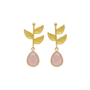 Pendientes Bronce Ramita  Piedra Natural Cuarzo Rosa