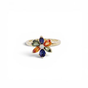 Anillo Oro Amarillo 18k Flor Zafiros de Colores y Diamante